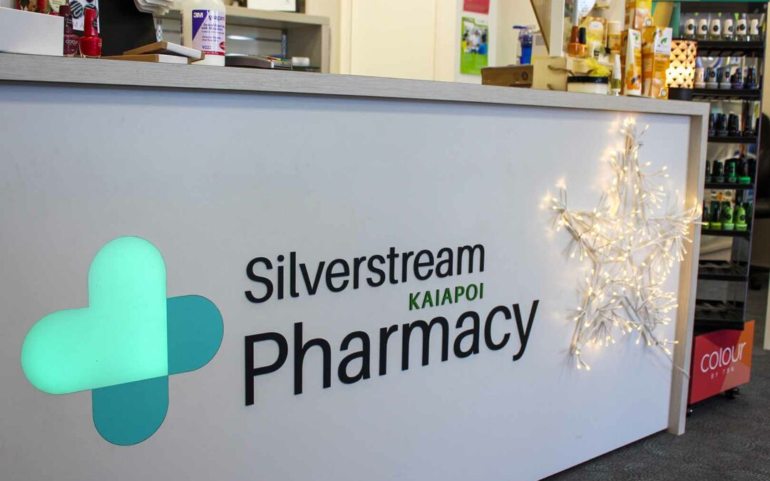 Silverstream Kaiapoi Pharmacy signage on the retail counter