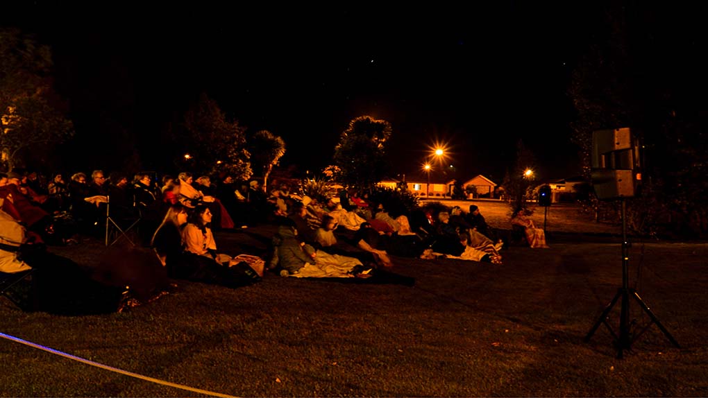 a crowd of people sit on a large lawn at night facing an outdoor movie screen
