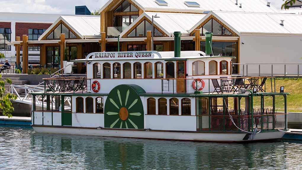 Kaiapoi River Queen floating in the Kaiapoi River outside Five Peaks Brewing Co