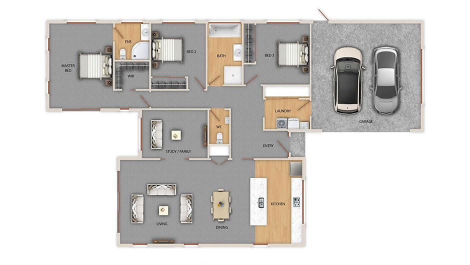 floor plan of three bedroom home with open plan living space