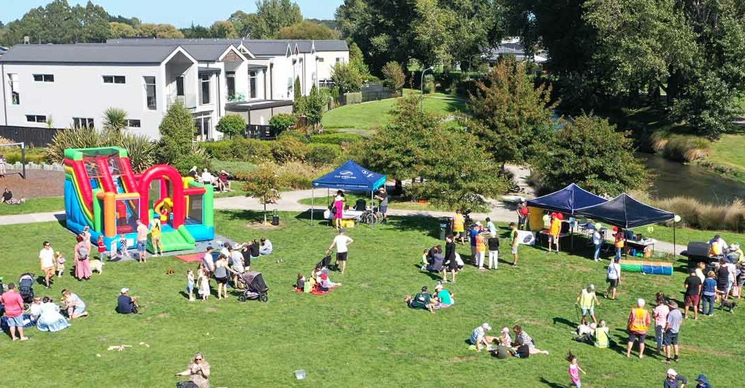 Drone image of bouncy castle and tents setup in Silverstream green space