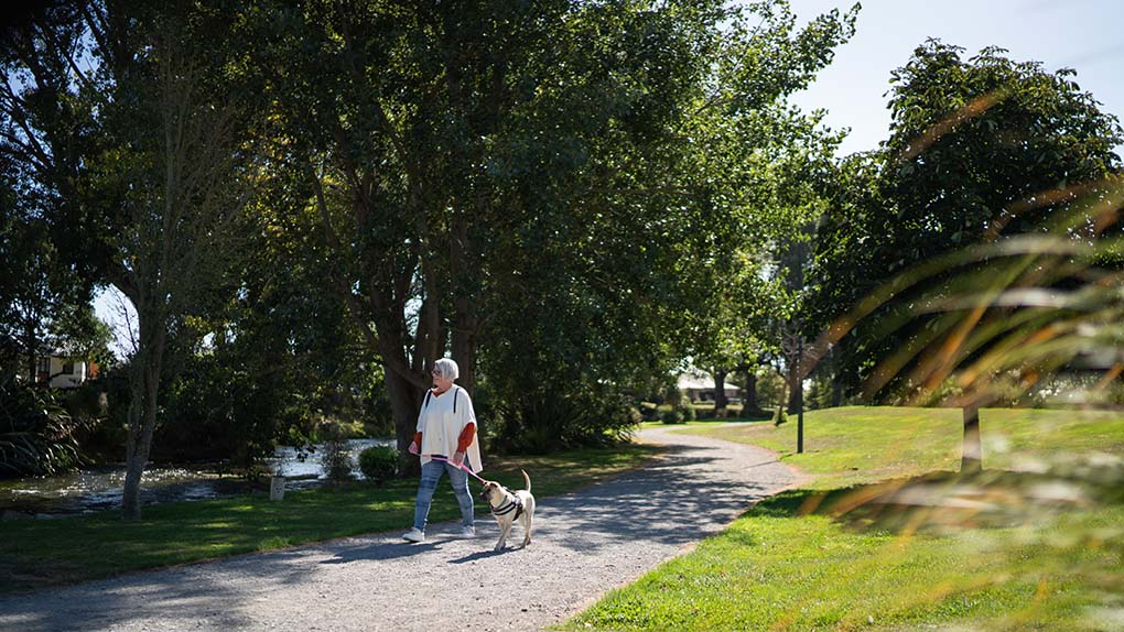 Silverstream_Walkways lady walks dog along river path